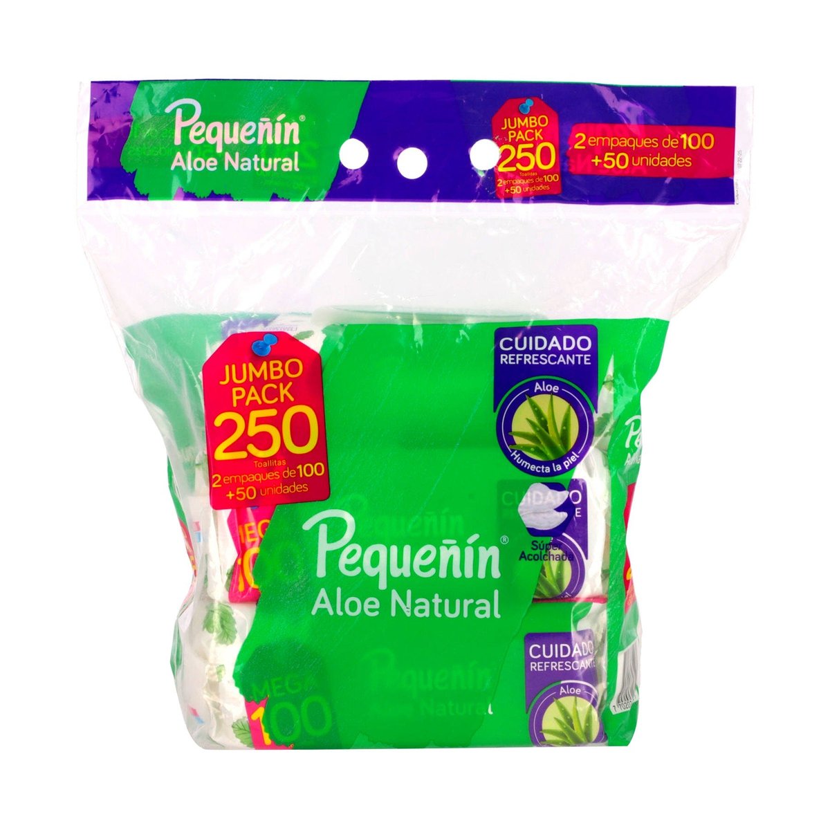 Toallitas Húmedas Pequeñín Aloe Natural 250 Toallitas 2 empaquetes de 100 + 50 unidades