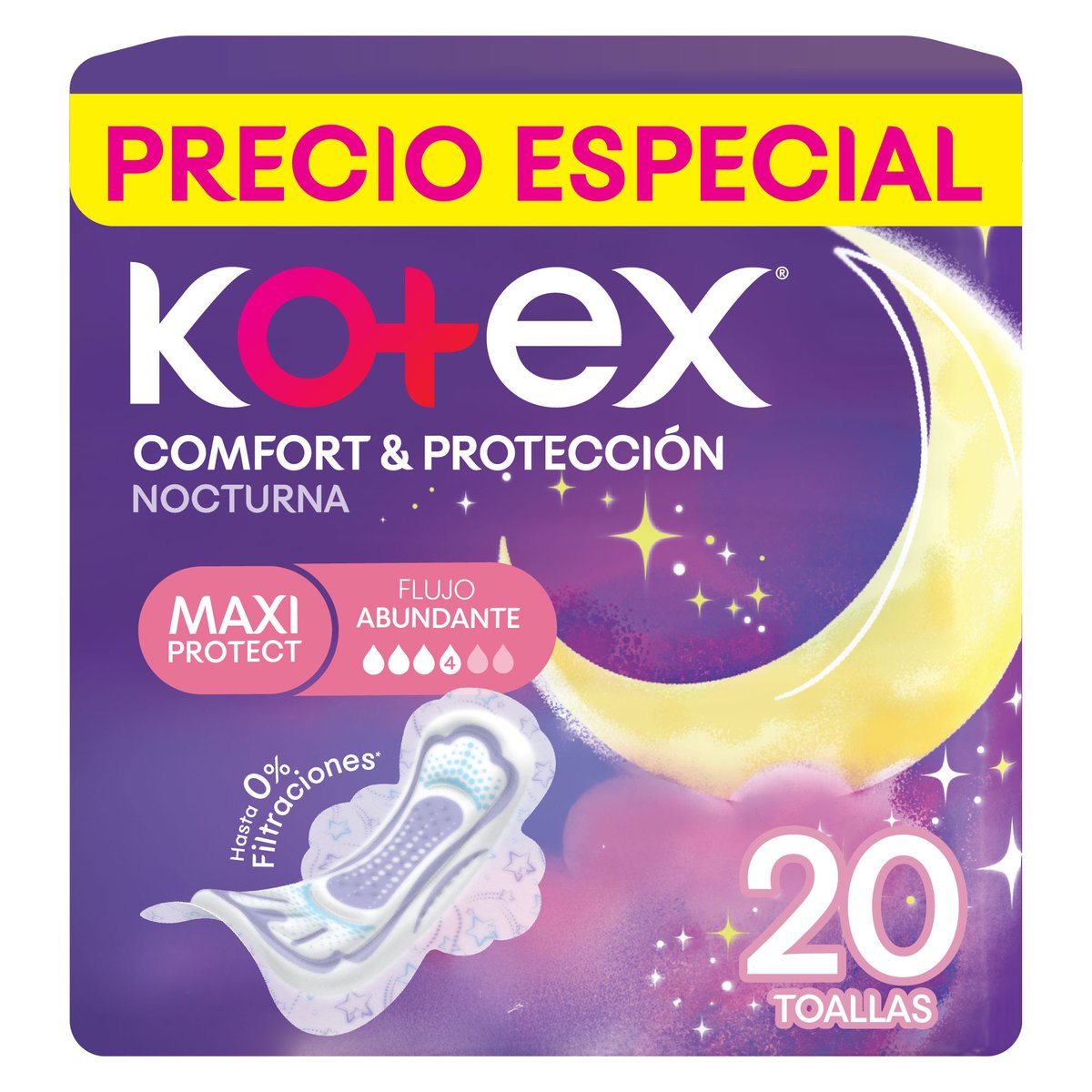 Toallas Sanitarias Kotex Comfort & Protección Nocturna Maxi Protect Flujo Abundante 20 Unidades