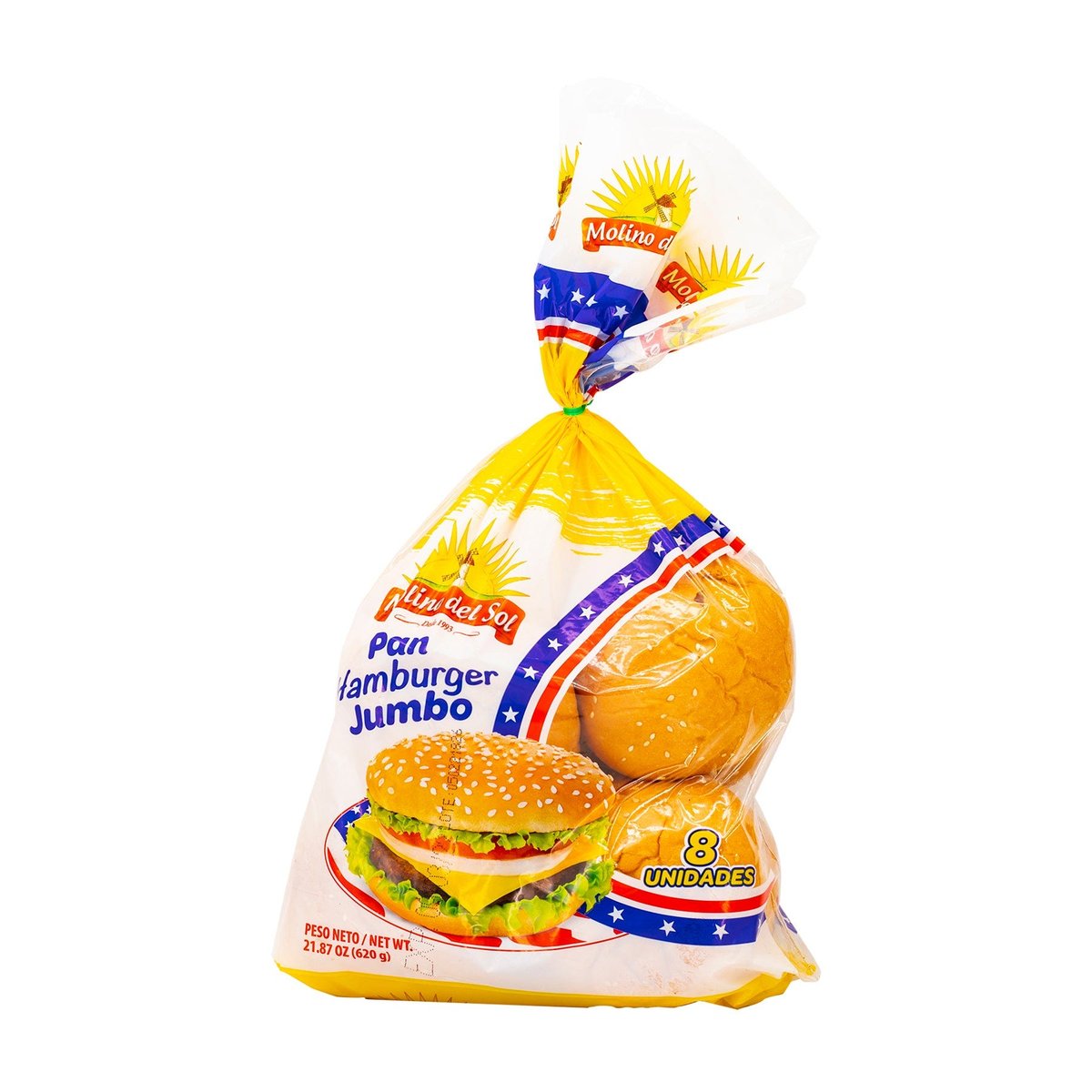 Pan Hamburger Jumbo Molino del Sol - Funda de 8 Unidades (620 g / 21.87 Oz)